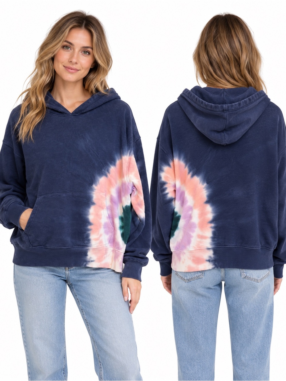 Wildfox Tie Dye Hoodie Navy Pink Green Relaxed Pullover Size L